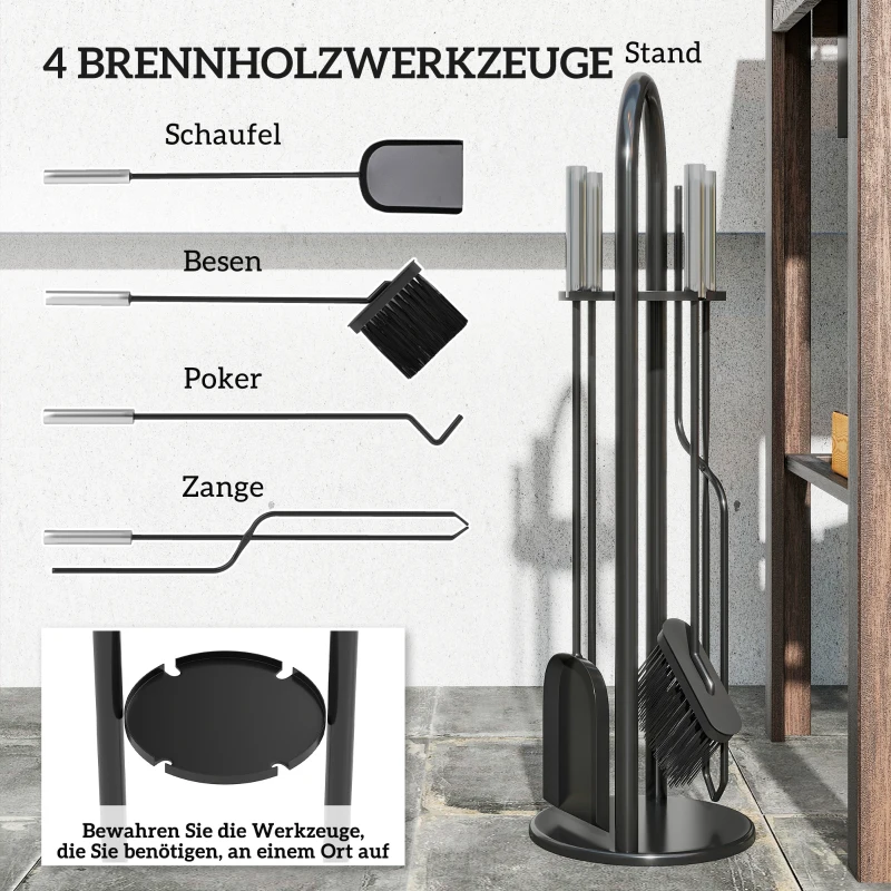 Outsunny Haardgereedschap 5-delig – bezem, schep, haak, tang & standaard, zwart