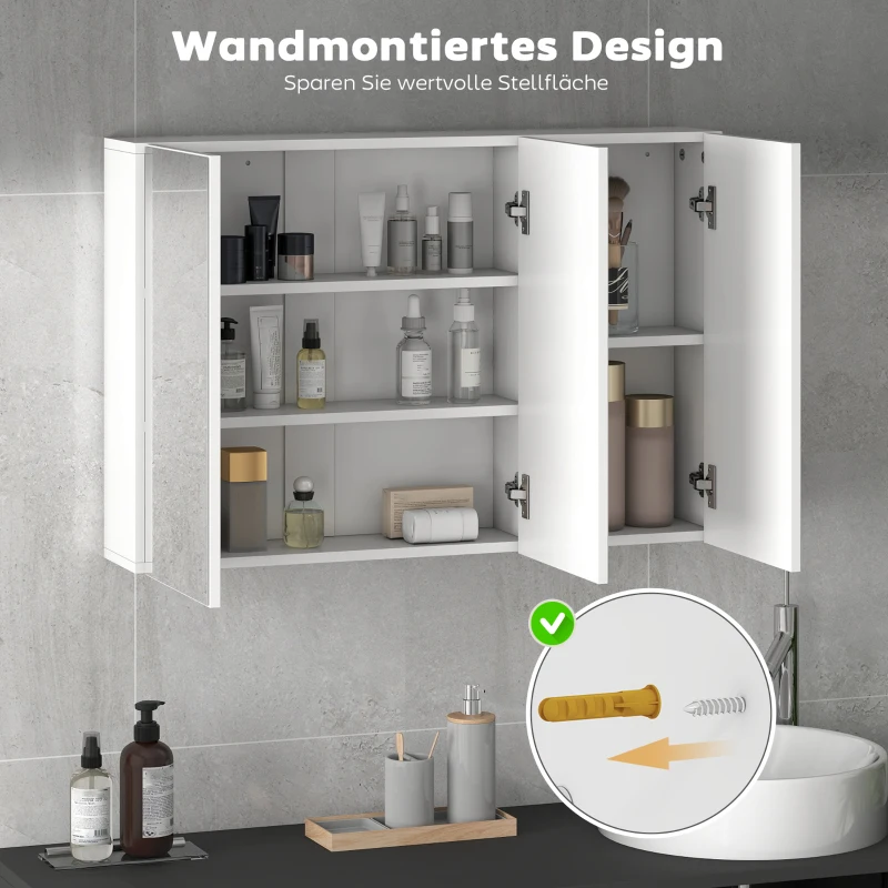 HOMCOM Badkamerspiegelkast, Badkast met 3 Spiegels, Wandmontage, 90 x 15,5 x 60 cm, Spaanplaat, Wit