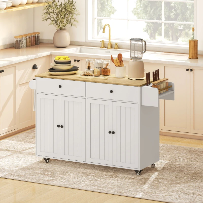 HOMCOM Isla de cocina con ruedas, 2 cajones, 2 armarios, móvil, estante para especias, toallero, soporte para cuchillos, MDF, Blanco