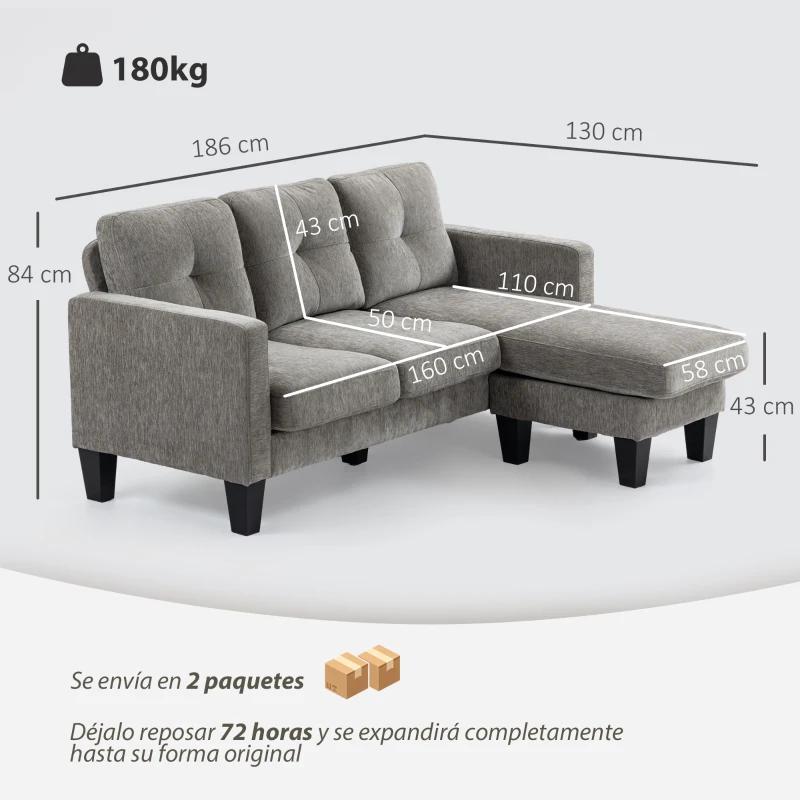 HOMCOM Sofá Chaise Longue Reversible con Estructura de Acero Tapizado en Chenilla 186x130x84cm Marrón Topo