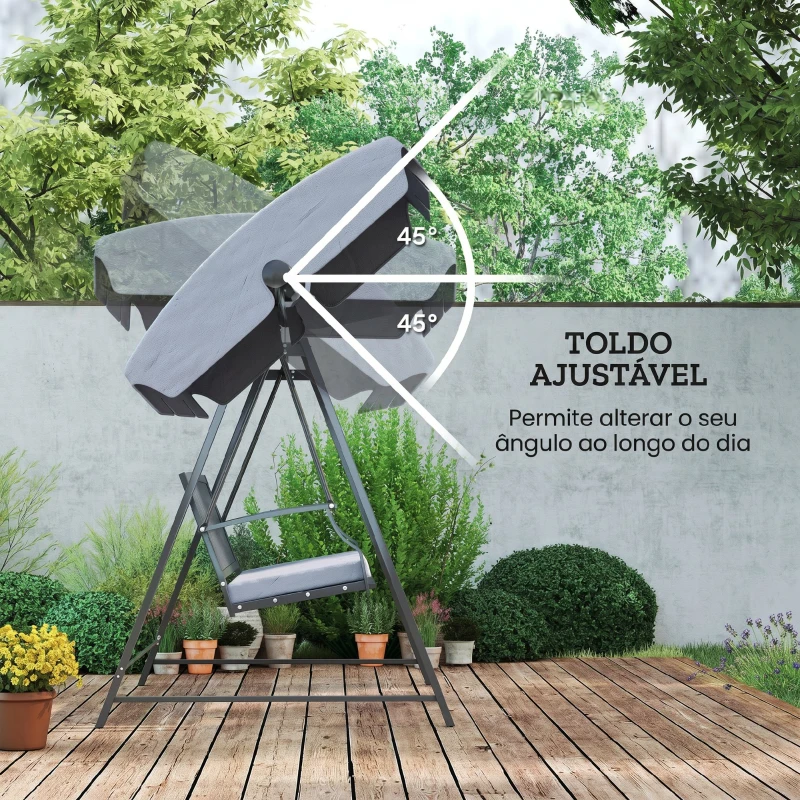 Outsunny Baloiço de Jardim para 3 Pessoas Banco Baloiço com Toldo Ajustável Almofada e Estrutura de Aço 205x133x181 cm Cinzento