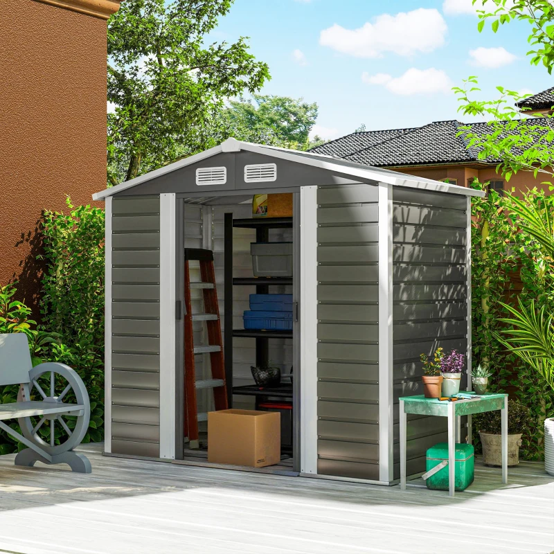 Outsunny Cobertizo Metálico para Jardín 213x120x166/194 cm con Base Refuerzo Puertas Correderas y Ventilaciones Gris Oscuro