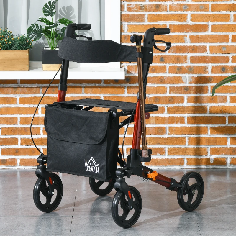 HOMCOM Rollator Walker with Seat, Compact Quick Folding Mobility Walker with 8" Wheels, Carry Bag, Adjustable Height, Cane Holder and Lightweight Aluminium Frame for Seniors and Disabled, Red
