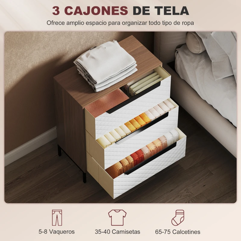 HOMCOM Cómoda con 3 Cajones de Tela Frentes con Patrón de Diamante para Salón Oficina Vestidor Natural y Blanco