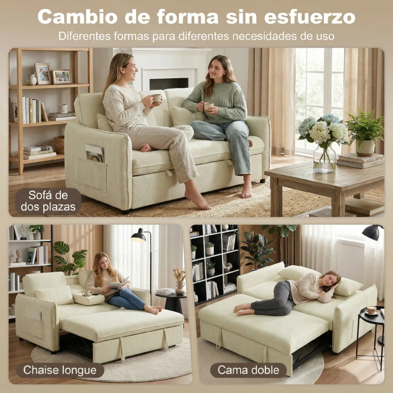 HOMCOM Sofá convertible 2 plazas 3 en 1, sofá cama clic-clac en chenilla con respaldo ajustable, portavasos, beige