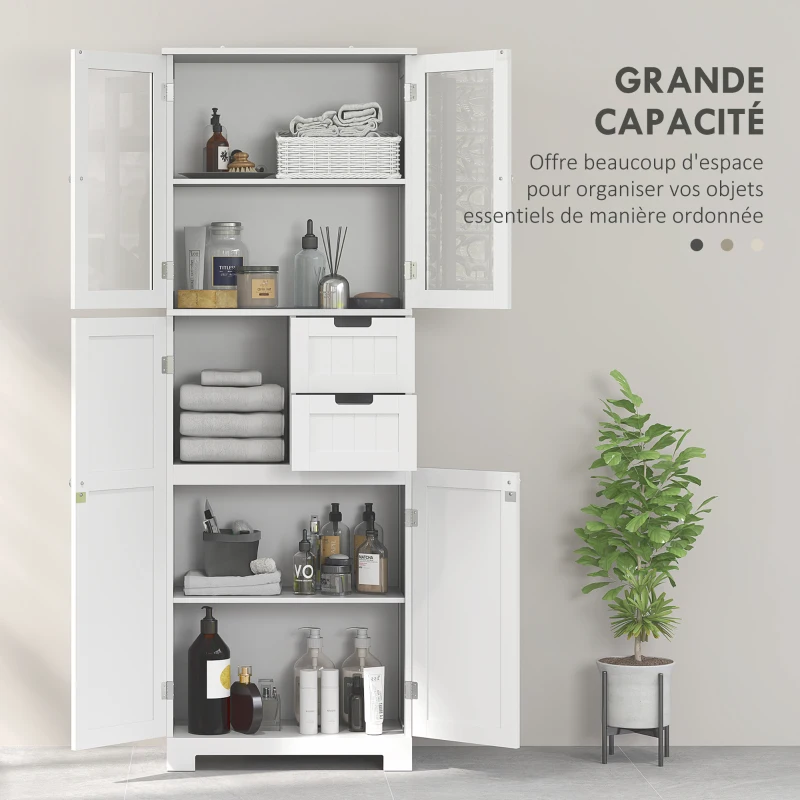 HOMCOM Meuble haut de rangement, armoire avec portes vitrées et étagères réglables pour salle de bain, cuisine, salon, blanc