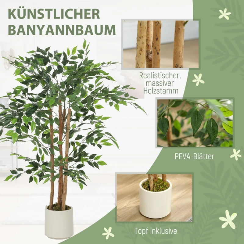 HOMCOM Kunstbanyanboom – Kunstplant met Massief Houten Stam en Pot – Voor Woonkamer, Slaapkamer of Kantoor – 55 x 55 x 120 cm – Groen