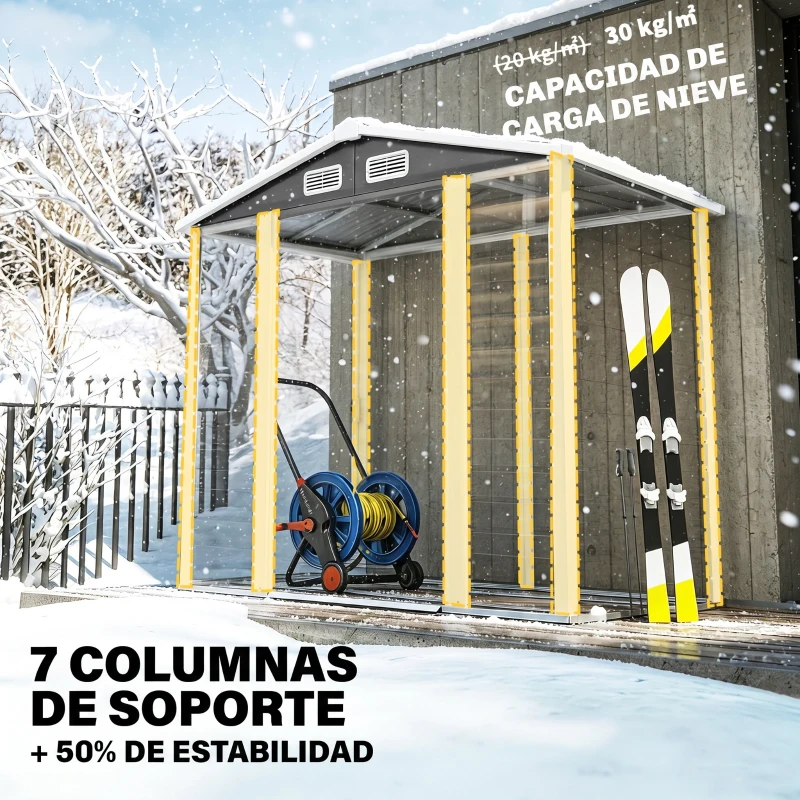 Outsunny Cobertizo Metálico para Jardín 213x120x166/194 cm con Base Refuerzo Puertas Correderas y Ventilaciones Gris Oscuro