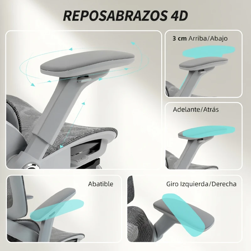 HOMCOM Silla de Oficina Ergonómica con Reposabrazos 4D Reposacabezas y Profundidad de Asiento Ajustables Malla Gris