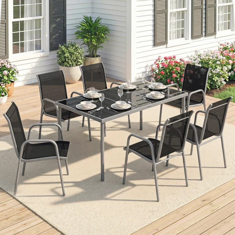 Outsunny Conjunto de Mesa y Sillas Jardín con Mesa de Vidrio Templado y 6 Sillas Apilables Transpirables para Terraza Negro