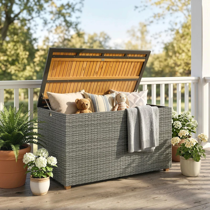 Outsunny Gartenbox 450 L Polyrattan wasserdicht Auflagenbox mit FSC-Holz-Deckel Gasdruckfedern Innenfutter
