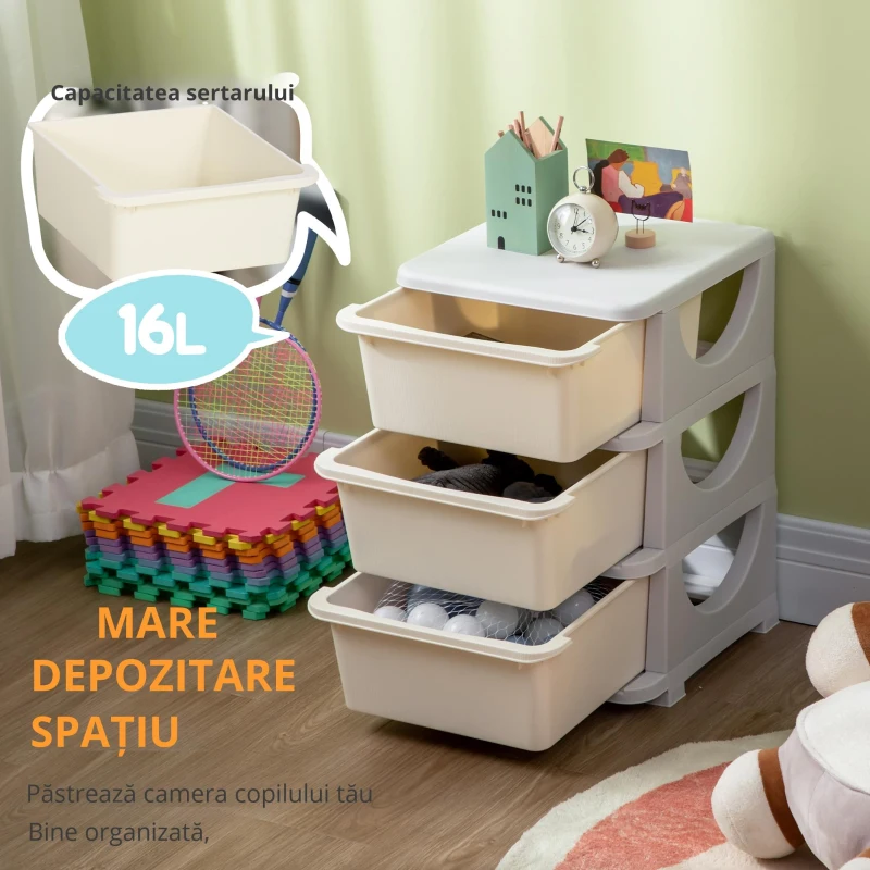 HOMCOM Cutii de depozitare pentru copii, 3 sertare mari, margini rotunjite, plastic, 37x37x56,5 cm, Crem