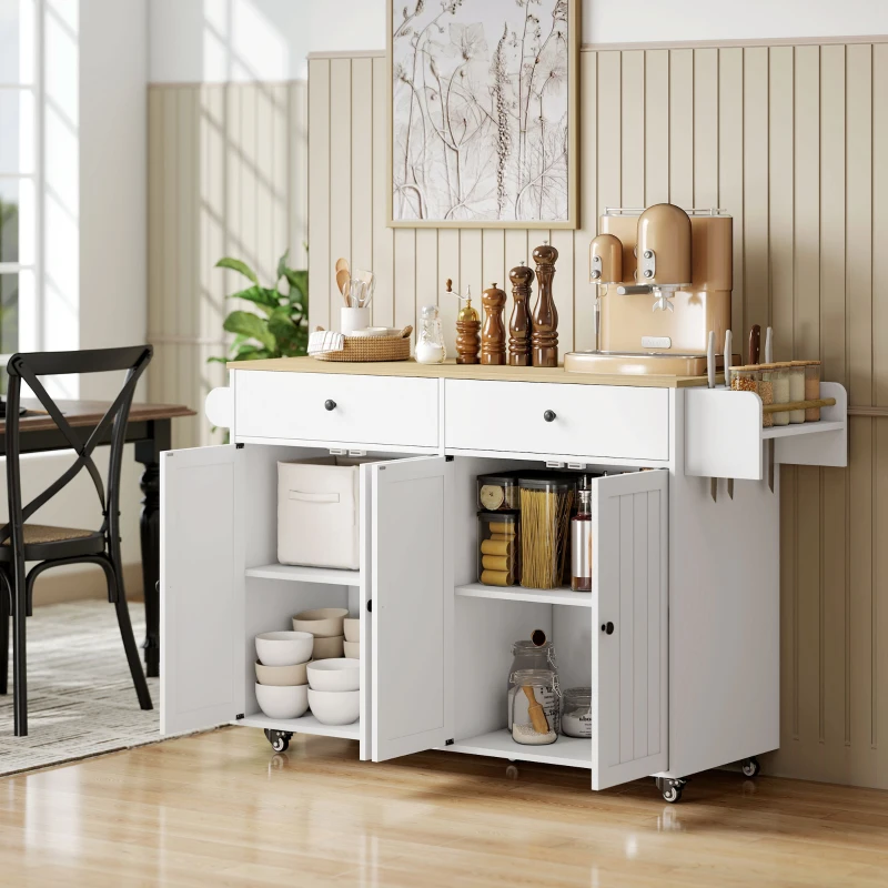 HOMCOM Isla de cocina con ruedas, 2 cajones, 2 armarios, móvil, estante para especias, toallero, soporte para cuchillos, MDF, Blanco