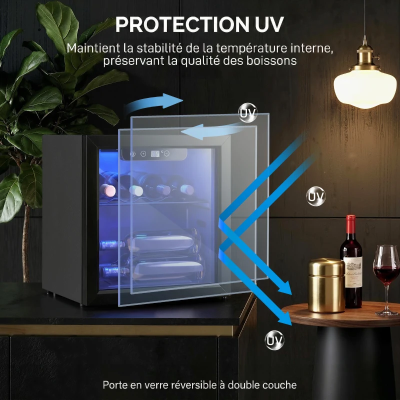 HOMCOM Cave à vin 12 bouteilles 36L, réfrigérateur à vin et boissons avec température réglable 4-16 °C, porte réversible, noir