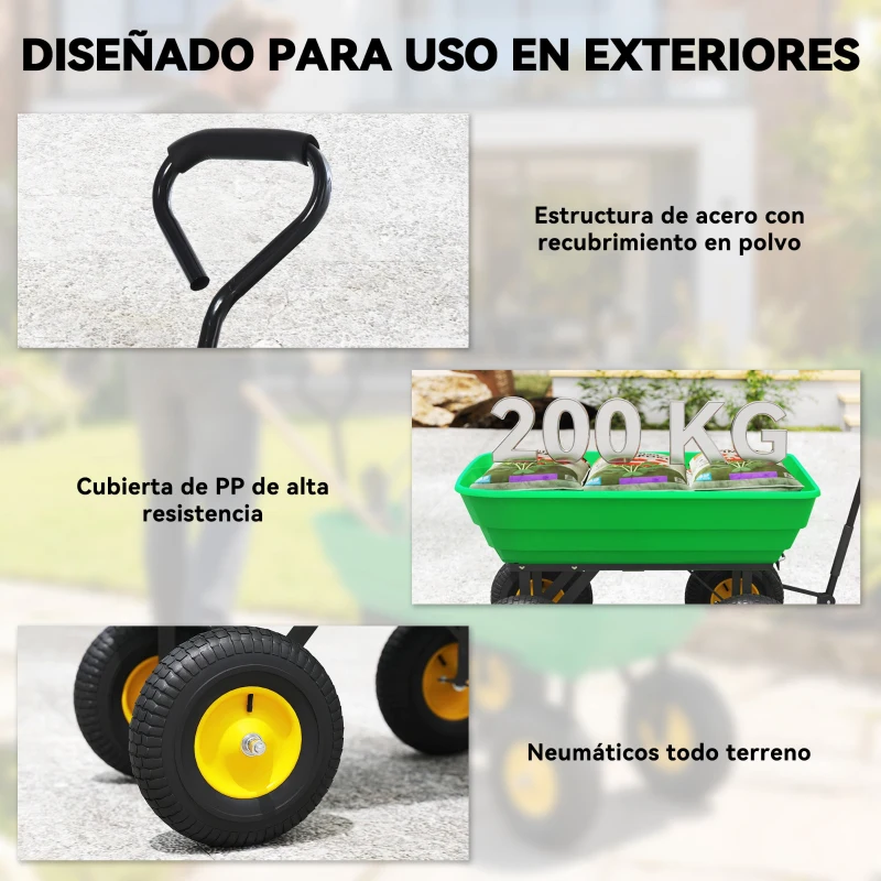Outsunny Carro de Jardín Inclinable hasta 75° con Mango Ajustable y 4 Neumáticos Capacidad Max.75 L Acero 109x52x94 cm Verde