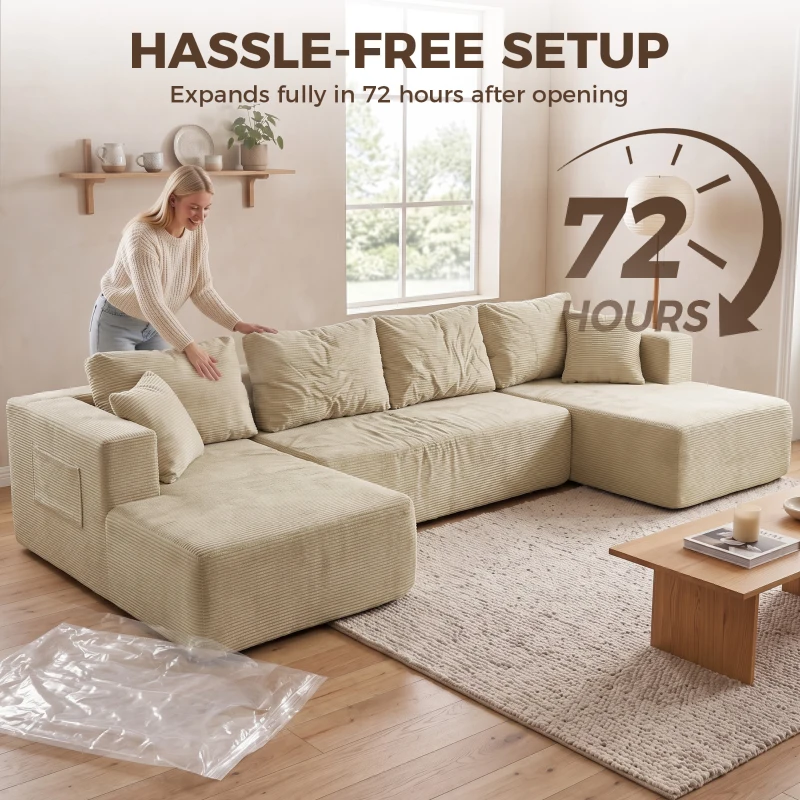 HOMCOM Canapé Modulaire en U Compressé 337 cm, Canapé Convertible 4 places en Velours Côtelé, Assise Large, Crème