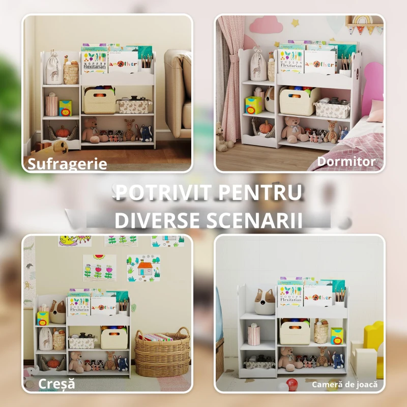 AIYAPLAY Etajeră pentru jucării pentru copii Rafturi deschise Compartimente Design cu ursuleți Organizator de jucării Alb