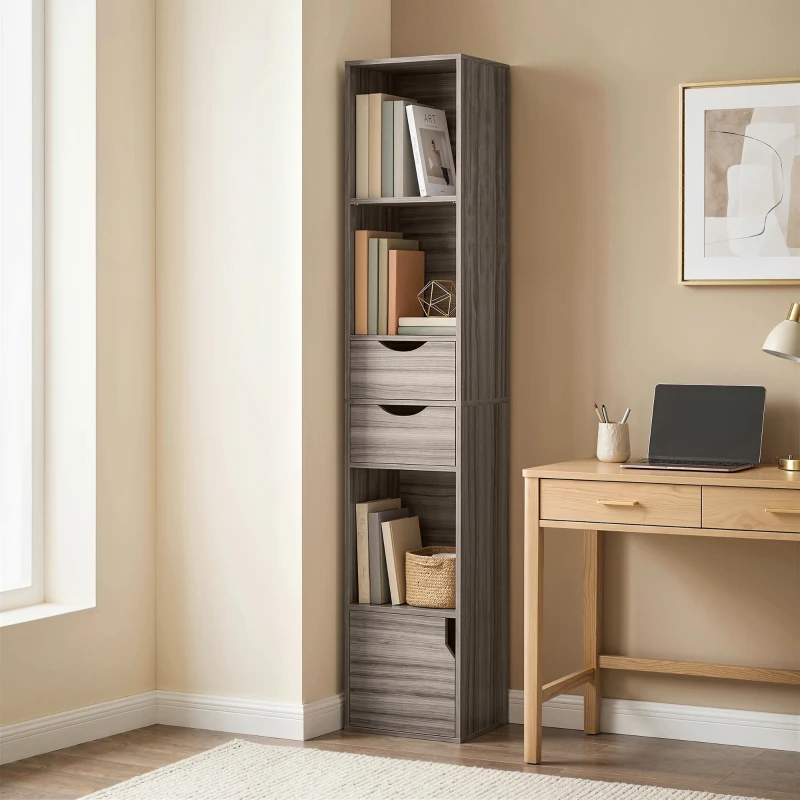 HOMCOM Bookcase with Drawers Adjustable Shelf Bookshelf with 2 Drawers and Cabinet 158 cm Grey