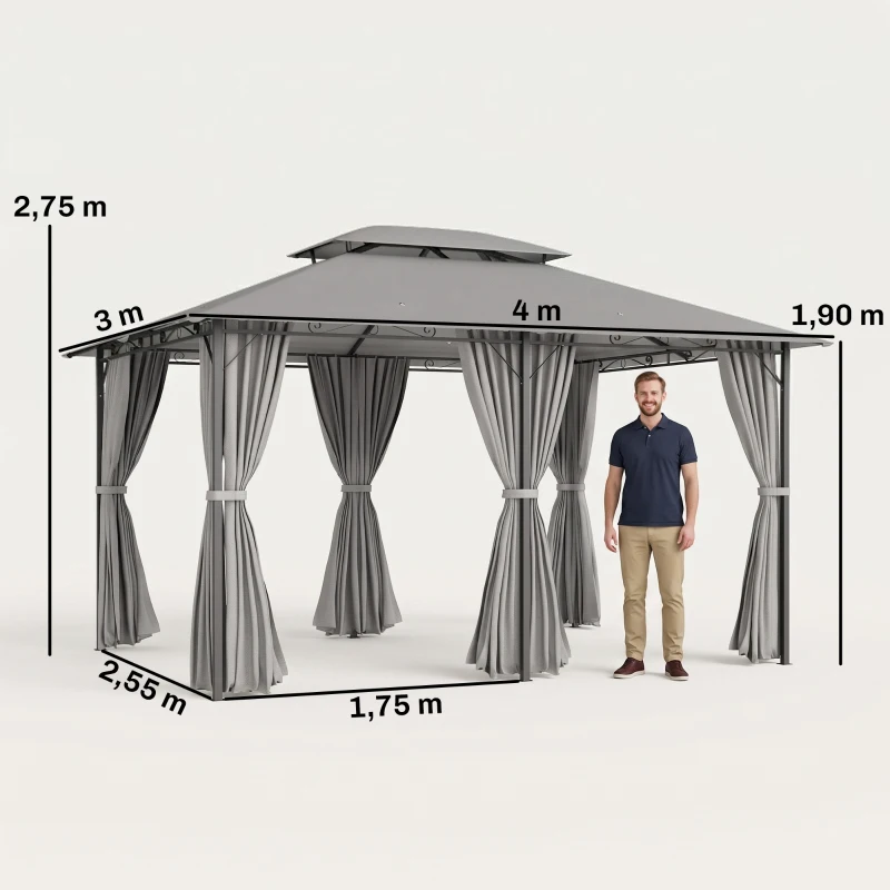 Outsunny Pavillon 3x4m Gartenpavillon mit 6 Seitenteilen Partyzelt Gartenzelt Festzelt mit Doppeldach Dunkelgrau