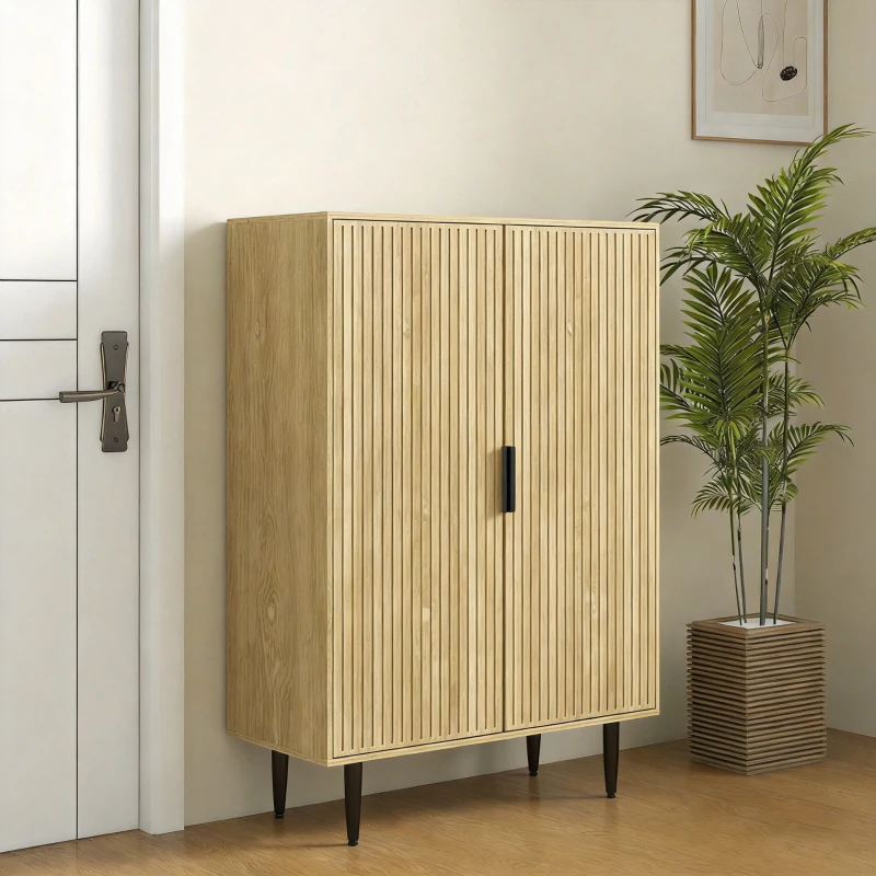 HOMCOM Meuble à Chaussures 15 Paires, Armoire à Chaussures 5 Niveaux avec Étagères Réglables, 2 Portes et Pieds en Métal, Chêne