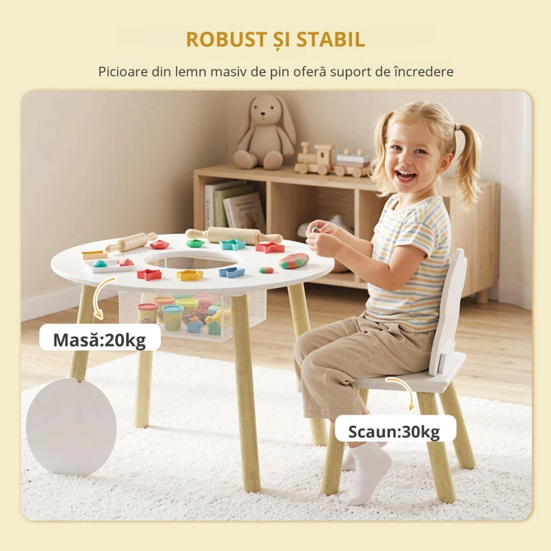 AIYAPLAY Masă pentru copii cu scaune și spațiu de depozitare, set de mobilier pentru copii 3 piese în alb și natural pentru camera de joacă și dormitor