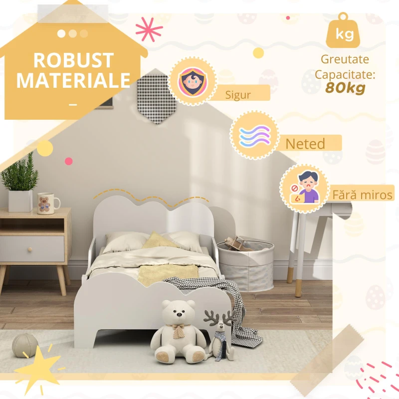AIYAPLAY Pat pentru copii la sol 70x140 cm cu barieră de siguranță, somieră cu lamele inclusă și decorațiuni în formă de nor, alb