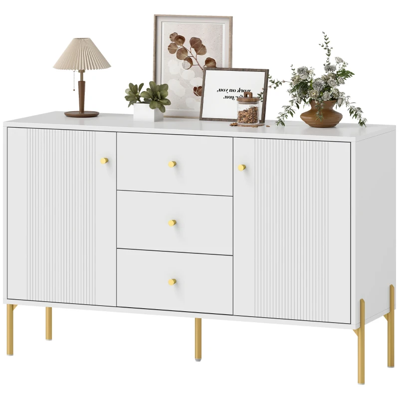 HOMCOM Credenza Moderna, Mobile Bar da Caffè con 3 Cassetti Silenziosi, 2 Ripiani Regolabili, 5 Gambe in Acciaio, Bianco