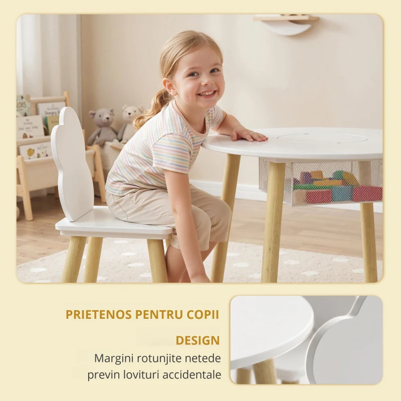 AIYAPLAY Masă pentru copii cu scaune și spațiu de depozitare, set de mobilier pentru copii 3 piese în alb și natural pentru camera de joacă și dormitor