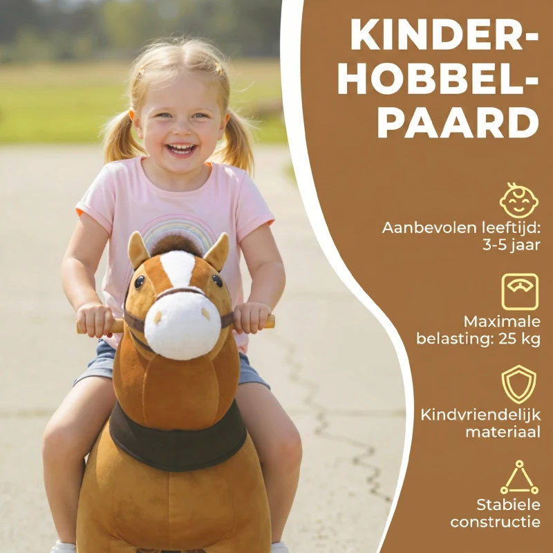 AIYAPLAY Rijpaard voor kinderen, stoffen bekleding, stevig frame, zachte wielen, hobbelpaard, 3-5 jaar, donkerbruin(m-4)