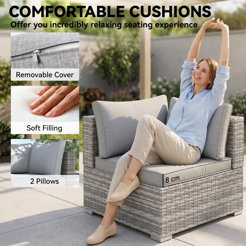 Outsunny Outdoor PE Rattan Corner Sofa, Garden Wicker Furniture Single Sofa Chair w/ Cushions, Light Grey