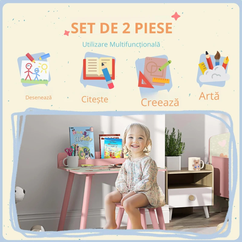 AIYAPLAY Set masă și scaun pentru copii, masă pentru copii cu scaun și suport pentru cărți, modele ursuleț, pentru copii 3-8 ani, roz