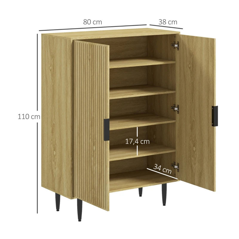 HOMCOM Meuble à Chaussures 15 Paires, Armoire à Chaussures 5 Niveaux avec Étagères Réglables, 2 Portes et Pieds en Métal, Chêne