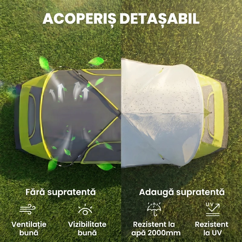 Outsunny Cort de Camping pentru 6 Persoane cu 2 Spații Separate, din Poliester și Fibra de Sticlă, 450x215x180 cm, Verde