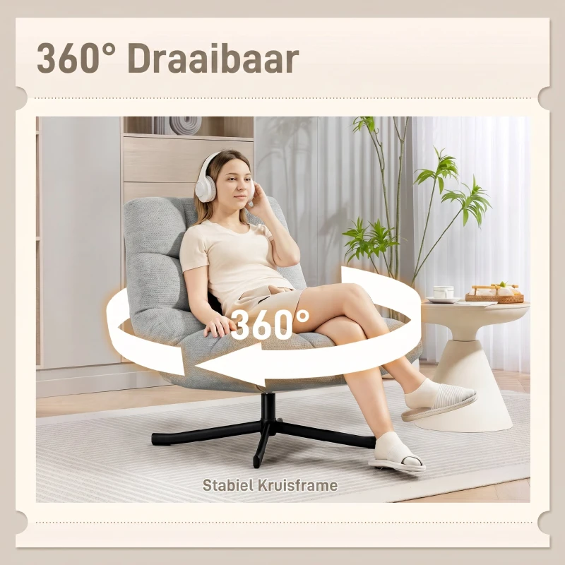 HOMCOM Draaifauteuil Loungefauteuil met Brede Zit, Waterafstotende Chenille-look, Gekruiste Stalen Poten, Lichtgrijs(m-7)