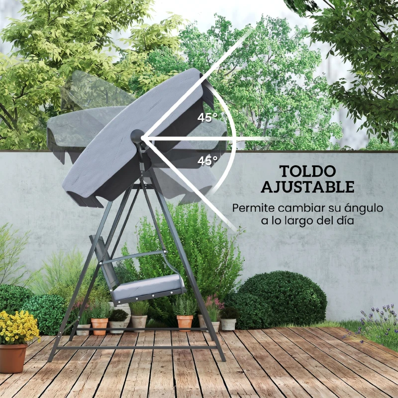 Outsunny Columpio de Jardín de 3 Plazas con Toldo Ajustable Cojín y Estructura de Acero Carga 360 kg 205x133x181 cm Gris