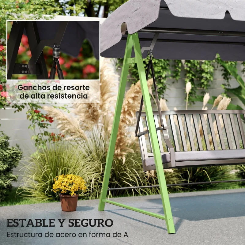 Outsunny Columpio de Jardín de 3 Plazas con Toldo Ajustable Cojín y Estructura de Acero Carga 360 kg 205x133x181 cm Gris