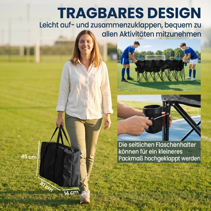 Outsunny® campingbank inklapbare bank 6-zits met draagtas tuinbank klapbank camping draagtas, Oxford + metaal, zwart / blauw, 279x48x80cm