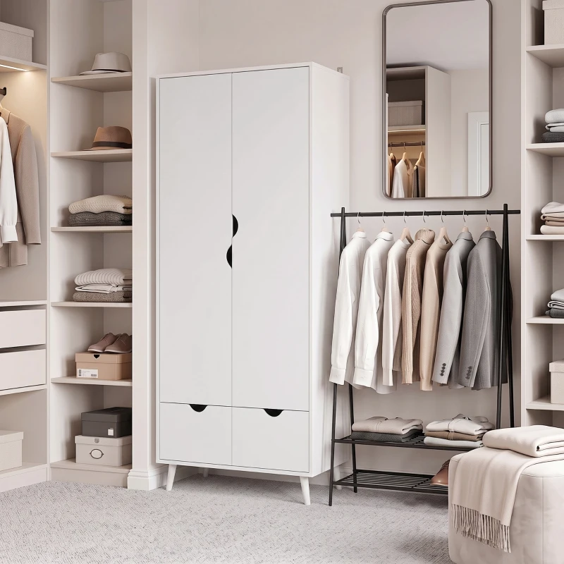 HOMCOM Elegant Home Storage Organisation Furniture, 2-Door Clothes Wardrobe with 2 Drawers, Wood Feet, White