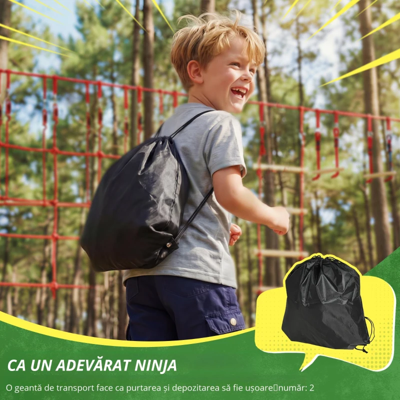 AIYAPLAY Ninja Line Set Slackline pentru copii 10 m cu inele, leagăn, scară de cățărat și plasă de cățărat pentru 3-6 ani 1000x300x180 cm Roșu