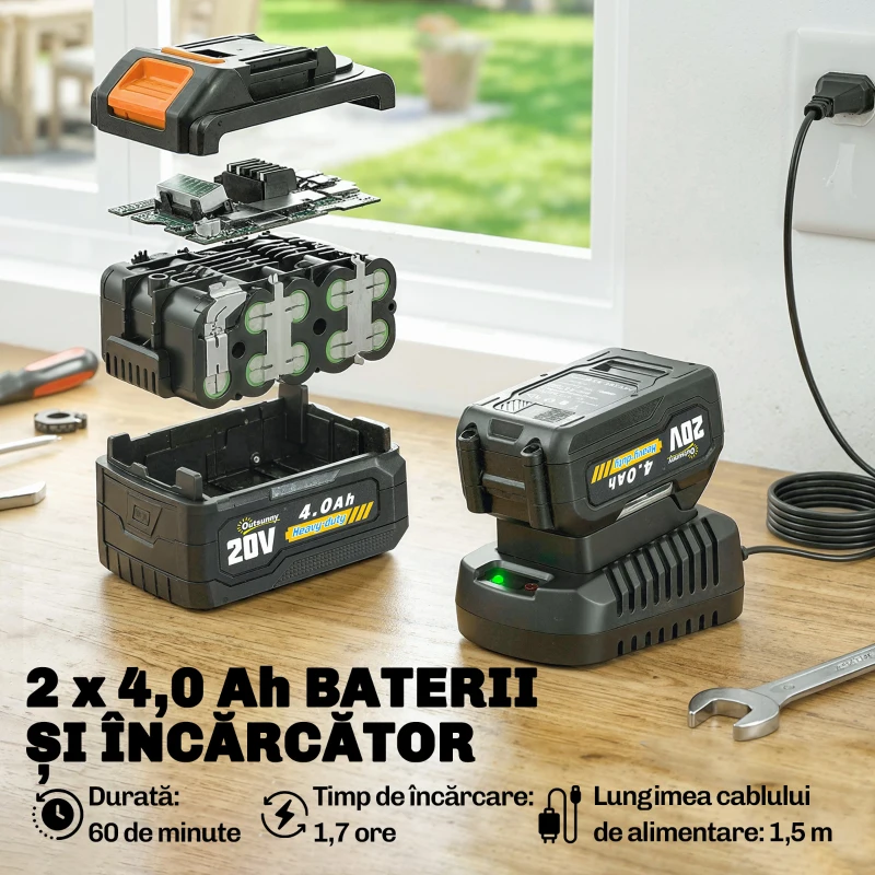 Outsunny Trimmer cu Acumulator 2-în-1, Tăietor de Iarbă 18V cu 2 Baterii de 4Ah, Încărcător, Tija Telescopică, Cap Înclinat, Mâner Reglabil, Tăiere 25cm, 8000 RPM, Ușor pentru Gazon și Grădină