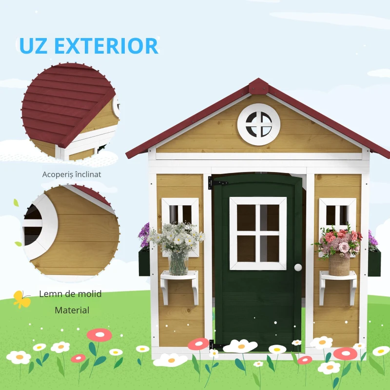 Outsunny Căsuță de exterior pentru copii, casă de joacă exterioară cu ușă, ferestre și jardiniere 114 x 126,4 x 135 cm bej