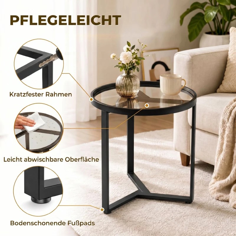 HOMCOM Runder Beistelltisch mit gehärteter Glasplatte und geometrischem Metallgestell für kleine Räume, Schwarz