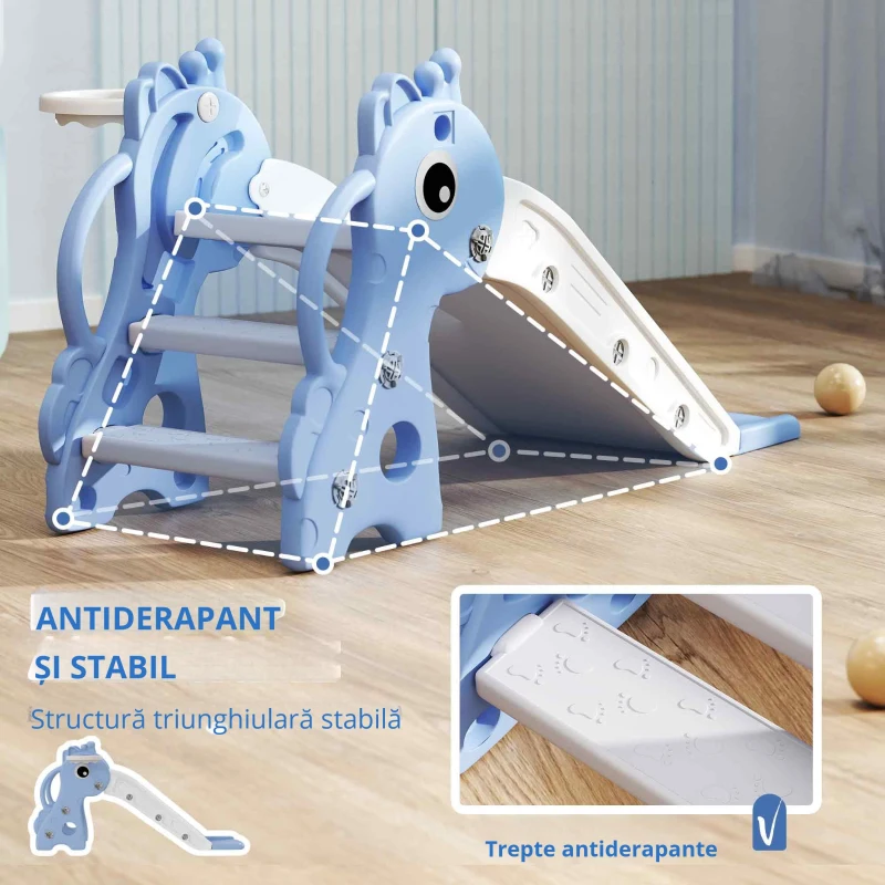AIYAPLAY Tobogan 3 în 1 pentru Copii, Forma de Girafă, Coș de Baschet, Minge, Albastru