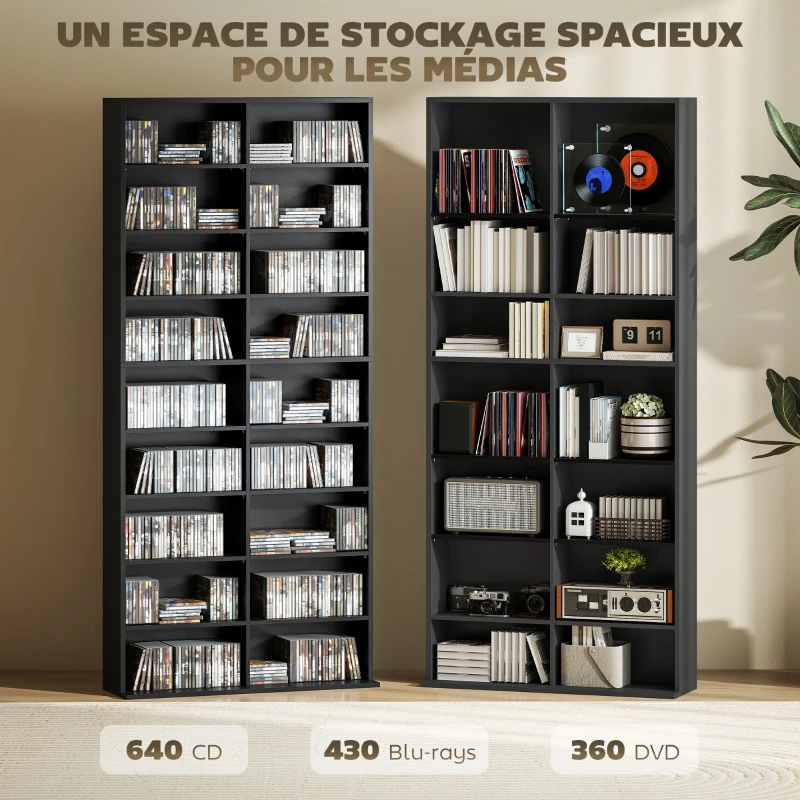 HOMCOM Rangements pour CD et DVD 18 compartiments capacité max. 640 CD/360 DVD 430 Blu-ray 78,5 x 24 x 175 cm noir