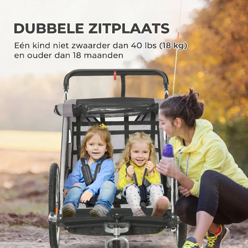 HOMCOM Kinderfietskar/Duwwagen met Remmen, Opvouwbaar, voor 2 Kinderen, Grijs/Zwart(m-5)