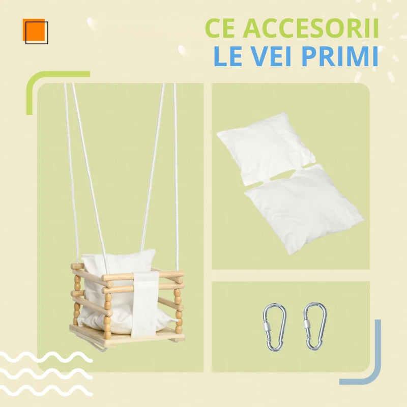 AIYAPLAY Leagan pentru copii 9-36 luni din lemn si bumbac, pentru spatii interioare si exterioare cu franghie reglabila si perna detasabila, 30x30x110-180 cm, culoarea lemnului si alb