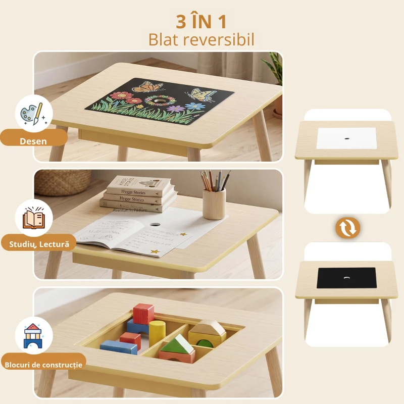 AIYAPLAY Masă pentru copii cu 2 scaune, set de mobilier pentru copii cu depozitare și spătar în formă de ursuleț pentru copii 3-6 ani, lemn natural