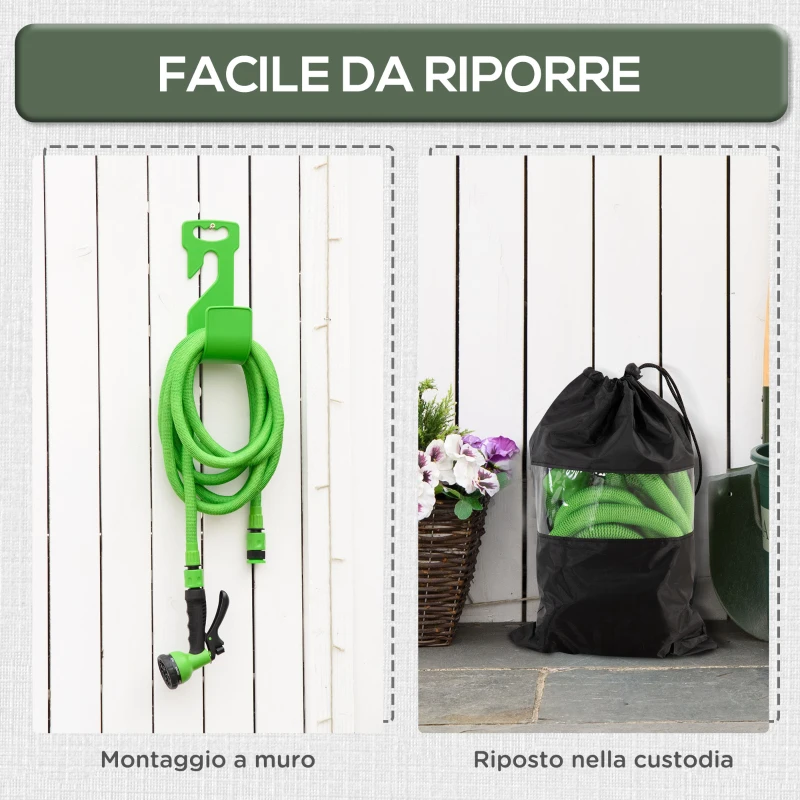 Outsunny Tubo da Giardino Estensibile da 15m con Pistola Spray a 8 Funzioni, Verde