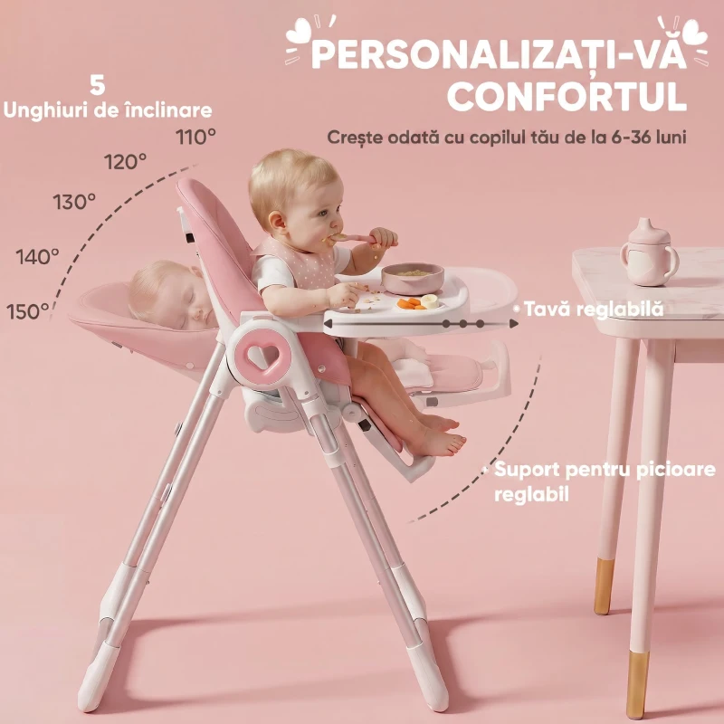 AIYAPLAY Scaun de Masă Pliabil pentru Copii 6-36 Luni cu Înălțime Reglabilă, Dublă Tăviță Lavabilă, Roți, Roz