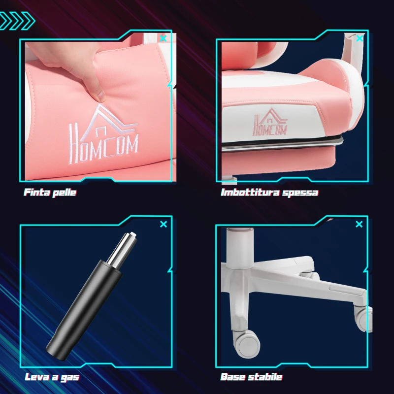 HOMCOM Sedia da Gaming Ergonomica con Orecchie da Gatto, Poggiapiedi, Supporto Lombare e Cervicale, Rosa